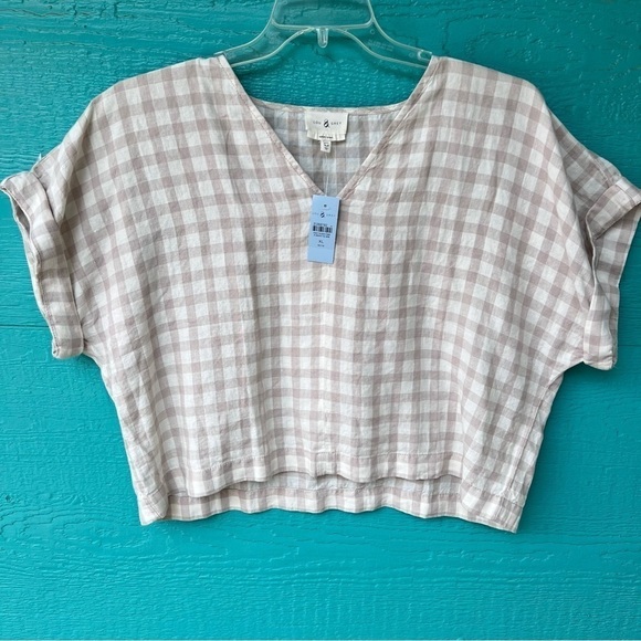 LOU & GREY LINEN GINGHAM CHECK BOXY FIT PULLOVER SS TOP SIZE XL NWT - Picture 1 of 7